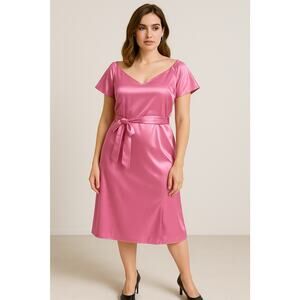 Paris Sunday Pink Satin Midi Dress Size Large Belted V-Neck Fit & Flare NWT